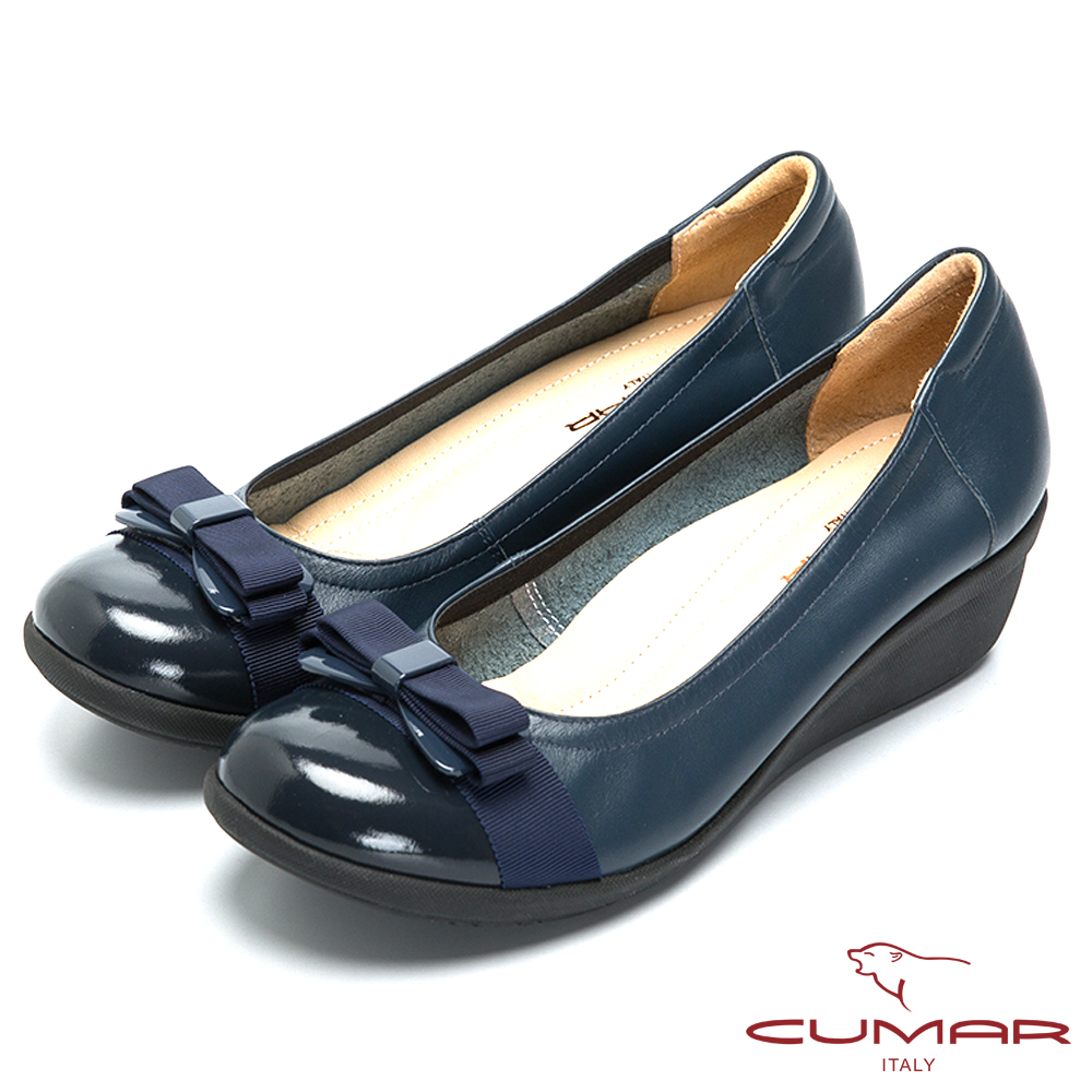 CUMAR舒適嚴選 舒適牛皮船型底氣墊鞋-藍色