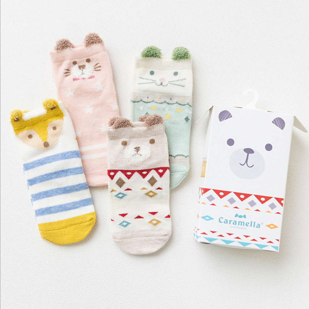 春夏兒童襪 日系可愛卡通彩色動物短版兒童女襪Q盒裝(4入組)