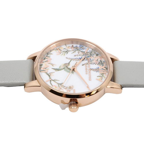 Olivia Burton 英倫復古手錶 鳥與花園白錶面玫瑰金框 灰色真皮錶帶30mm
