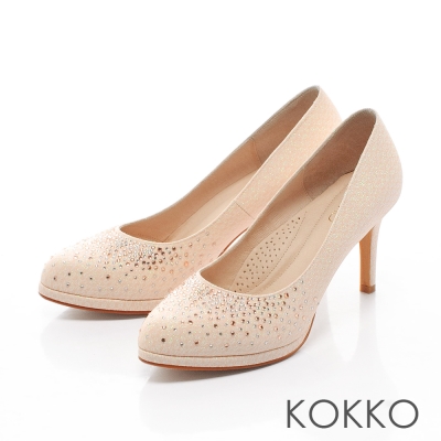 KOKKO-浪漫蕾絲真皮軟墊高跟鞋 - 雷射粉
