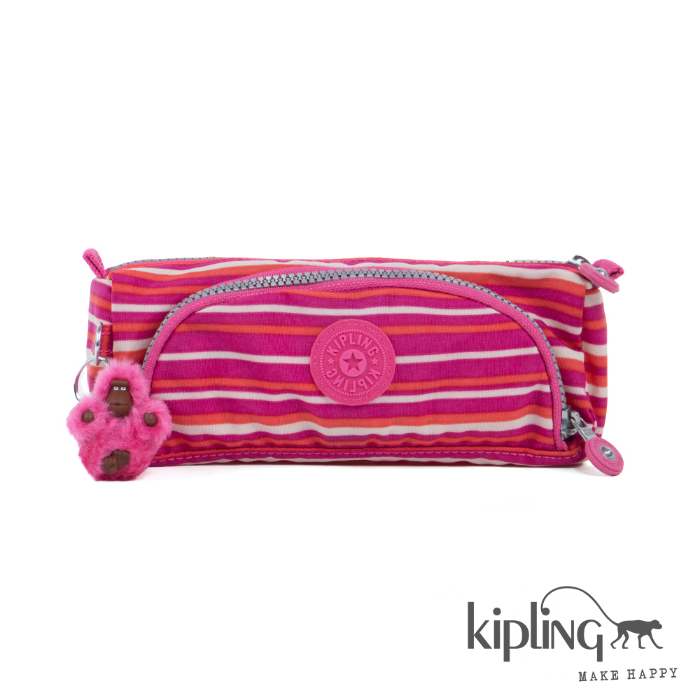 Kipling 雙層筆袋 粉橘螢光條紋