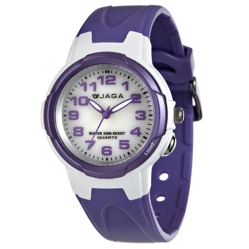 JAGA 捷卡 色彩繽紛夜光防水指針錶-白紫/39mm