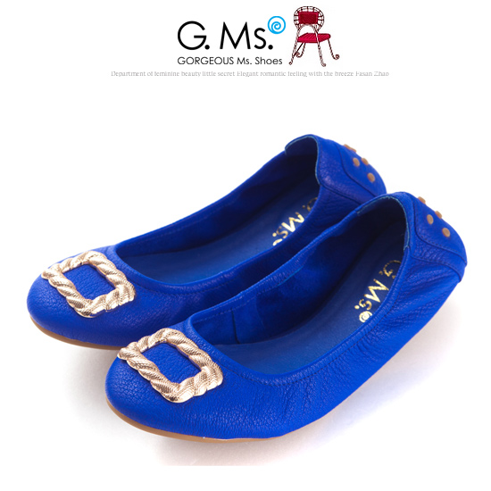 G.Ms. 輕旅行-全真皮金屬方釦折疊豆豆鞋-深情藍