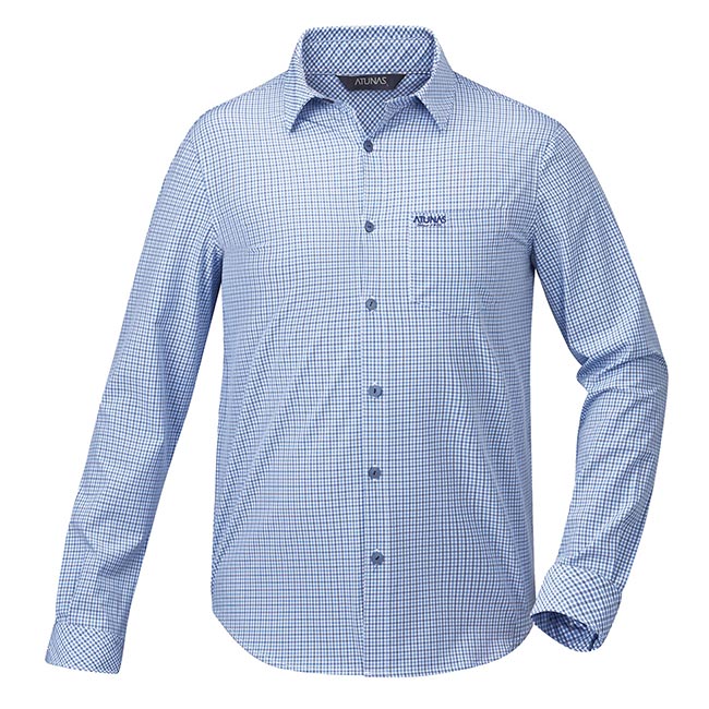 【ATUNAS 歐都納】男款休閒透氣吸濕排汗彈性長袖襯衫A1-S1802M白底藍格