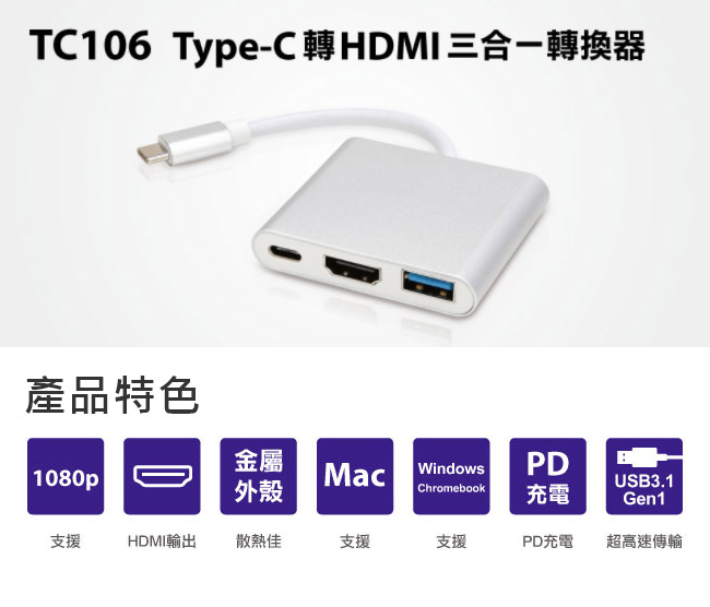 Uptech TC106 Type-C轉HDMI三合一轉換器