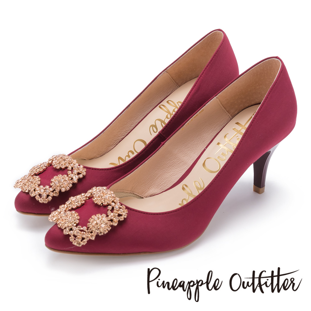 Pineapple Outfitter 璀璨名媛 方鑽飾釦尖頭高跟鞋-紅色