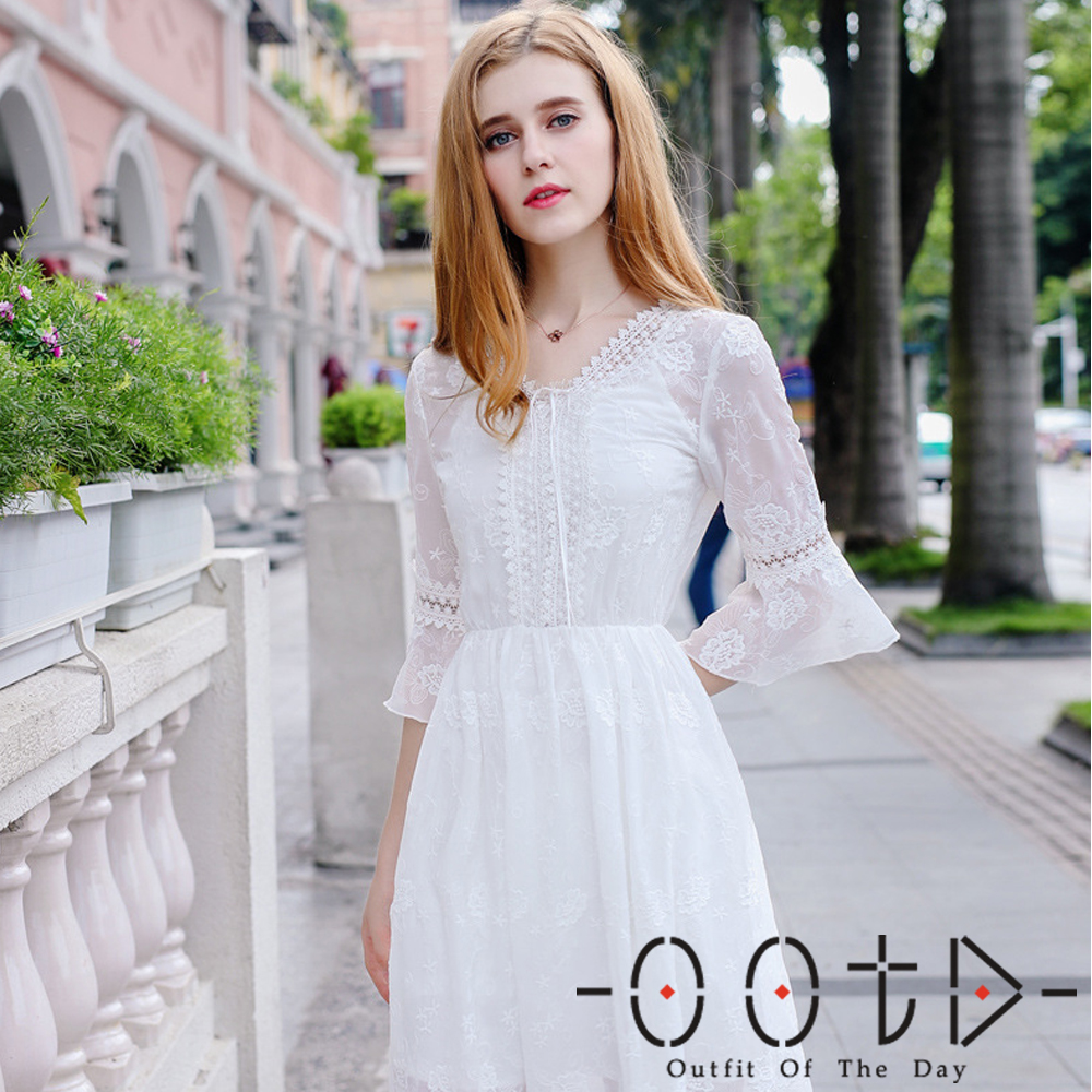 雪紡V領刺繡蕾絲洋裝 (白色)-OOTD
