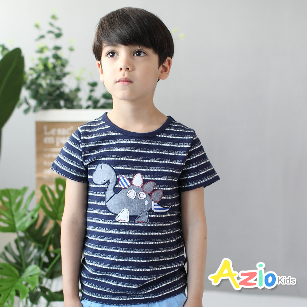 Azio Kids 童裝-上衣 條紋背鰭恐龍棉質短袖T恤(深藍)