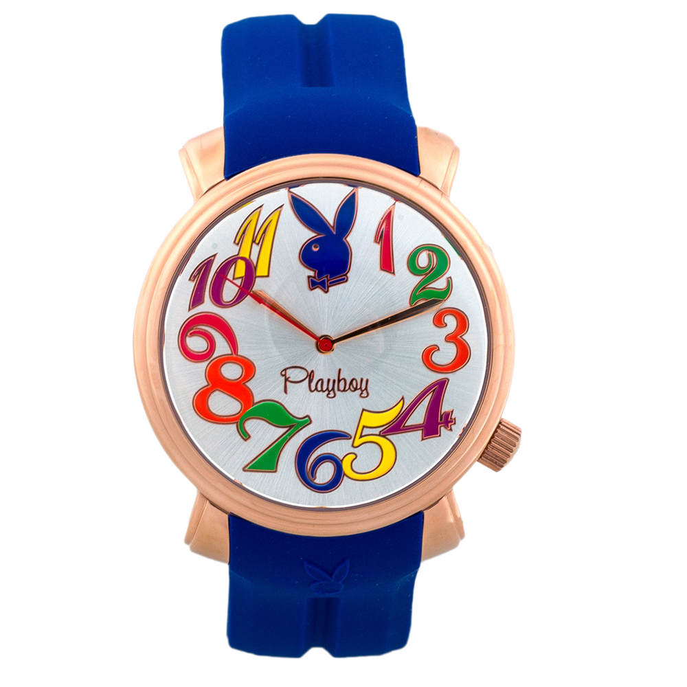 PLAYBOY 60週年紀念錶款 玫瑰金框+藍色帶/44mm