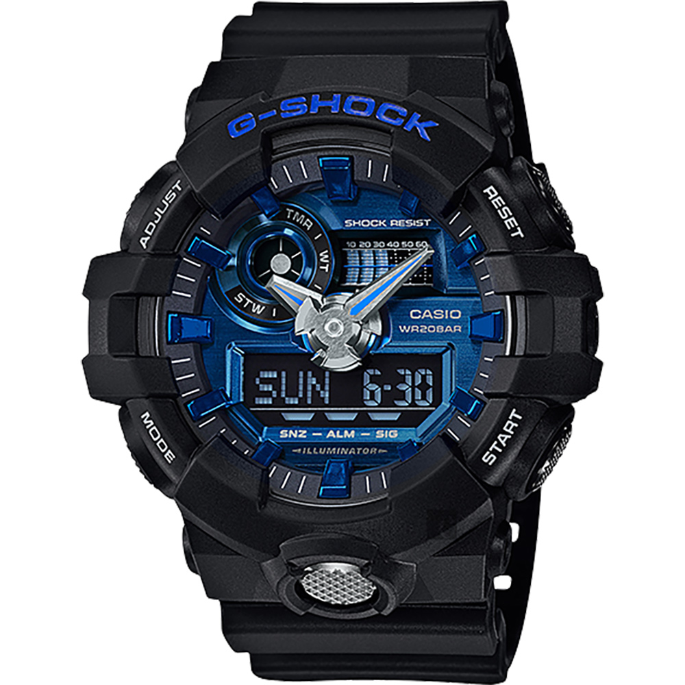 CASIO卡西歐 G-SHOCK 金屬系雙顯手錶-藍x黑