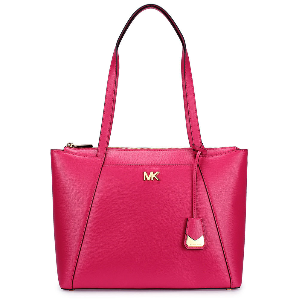 MICHAEL KORS Maddie 金LOGO素面防刮皮革前口袋肩背托特包-中/亮桃紅