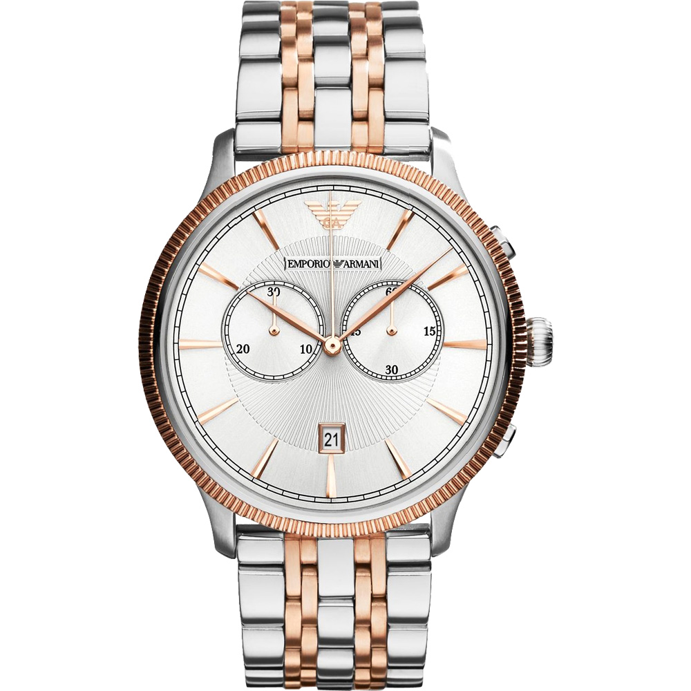 ARMANI Classic 爵士時尚雙眼計時腕錶-銀x雙色版/43mm