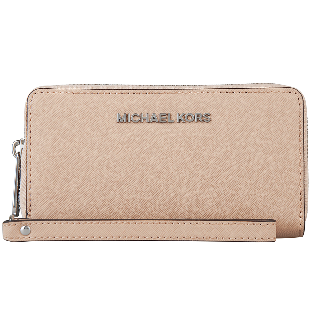 MICHAEL KORS JET SET TRAVEL銀字防刮牛皮拉鍊手拿中夾(粉膚)