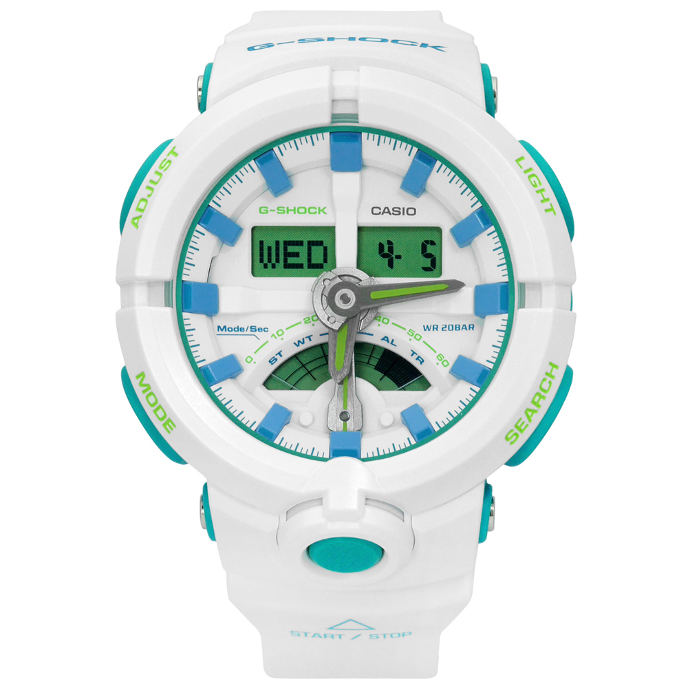 G-SHOCK 夏日涼爽指針數位雙顯橡膠手錶(GA-500WG-7A)-白綠色/52mm