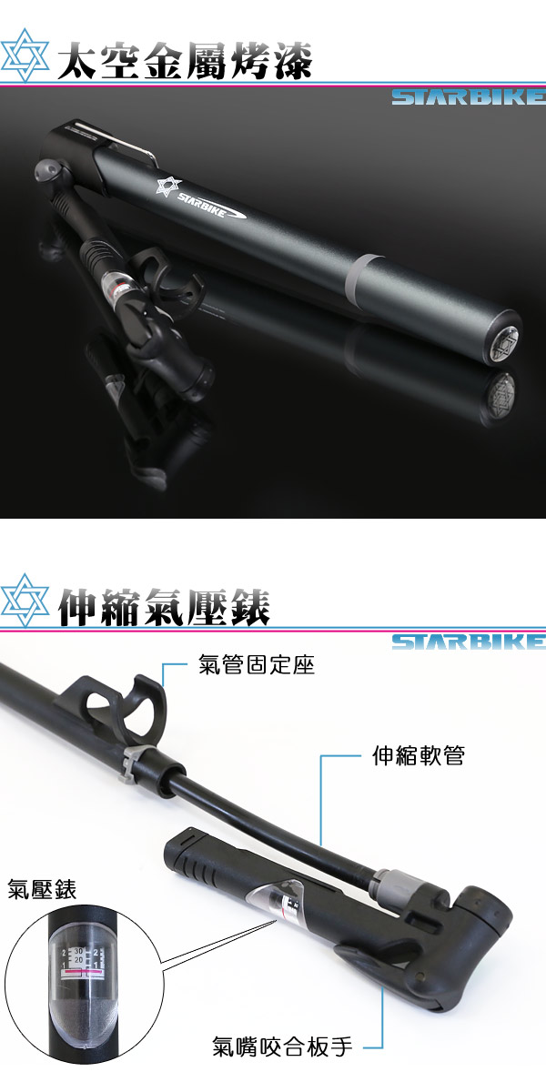 STARBIKE 折疊式踏板美法兩用隨身打氣筒(附氣壓表)