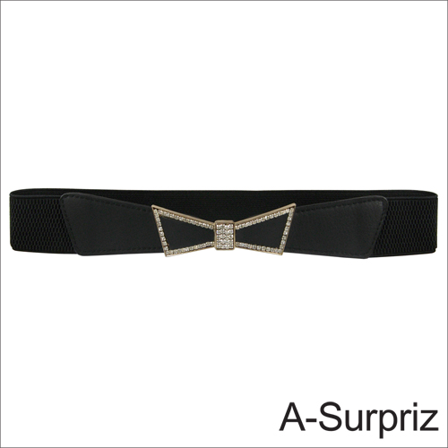 A-Surpriz 蝶結晶鑽扣環彈性腰帶(黑)