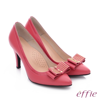 effie 耀眼女伶 真皮拼接金屬鉚釘蝴蝶結高跟鞋 桃粉紅