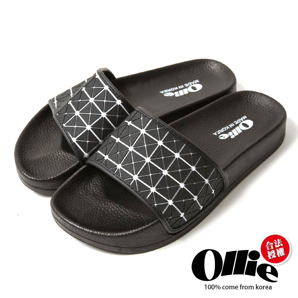 Ollie韓國空運-正韓製幾何菱格紋寬帶涼拖鞋-黑