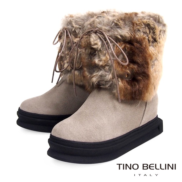 Tino Bellini 愛斯基摩混色兔毛厚底綁帶雪靴_淺駝