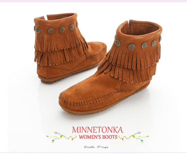 MINNETONKA 棕色純手工鉚釘二層流蘇短靴 (展示品)