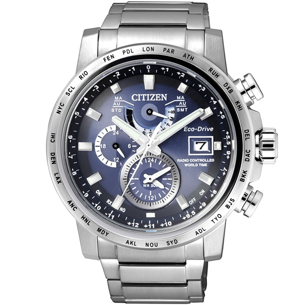 CITIZEN 星辰 極光時尚光動能電波腕錶(AT9070-51L)-藍色/43mm