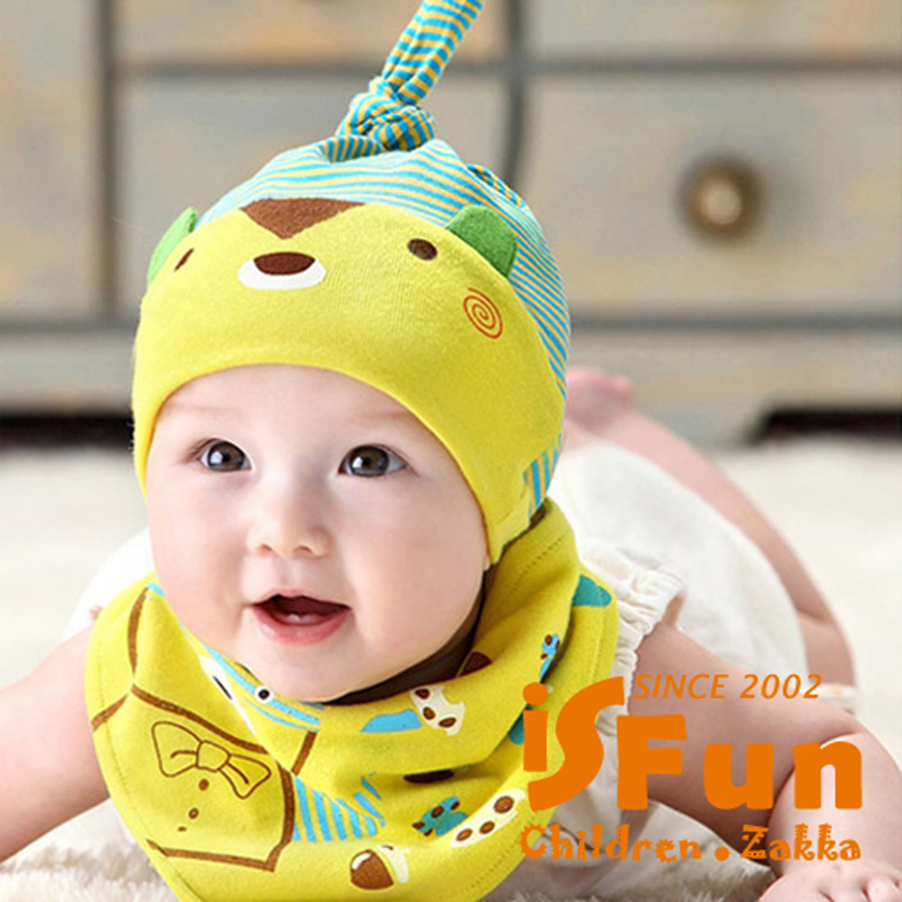 iSFun 蒙面小熊 嬰兒條紋棉帽三角領巾組 黃綠