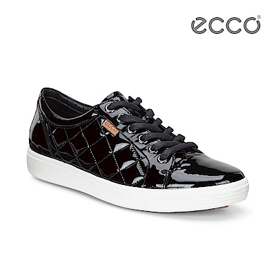 ECCO SOFT 7 LADIES 菱格漆皮綁帶休閒鞋-漆皮黑