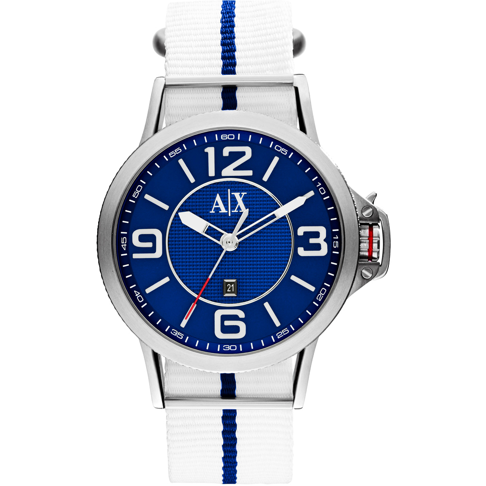 A│X Armani Exchange 獨立潮流休閒時尚腕錶-藍x白/44mm