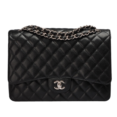 CHANEL 經典MAXI JUMBO荔枝紋牛皮雙銀鍊COCO包(黑-33CM)