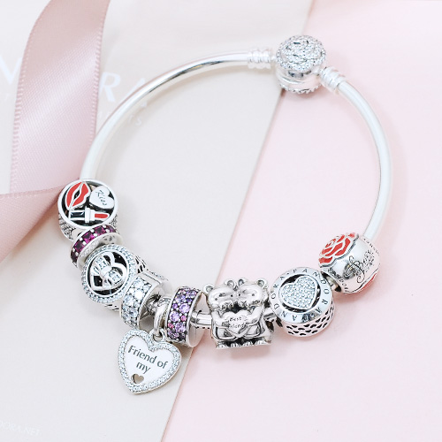 Pandora 潘朵拉 粉色鋯石雙心造型 純銀墜飾 串珠
