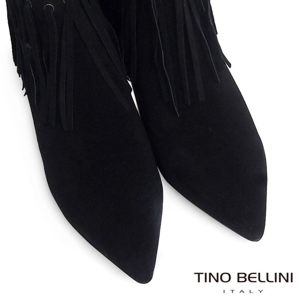 Tino Bellini 性感復刻風情流蘇高跟短靴_黑