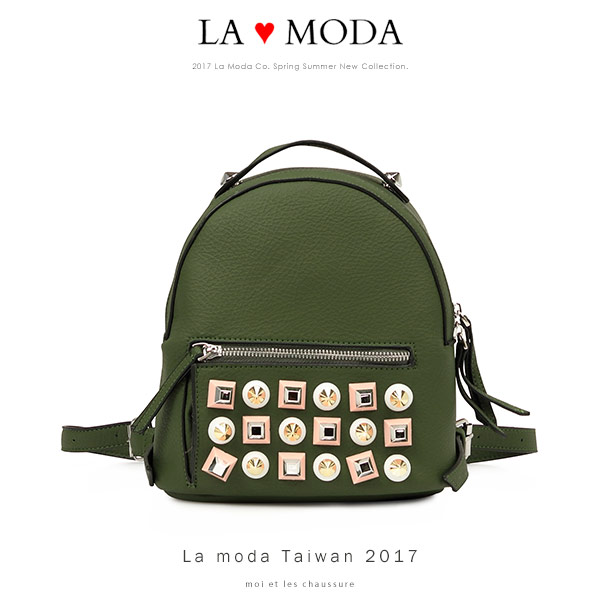 La Moda 摩登時尚特色鉚釘設計荔枝紋後背小包(綠)