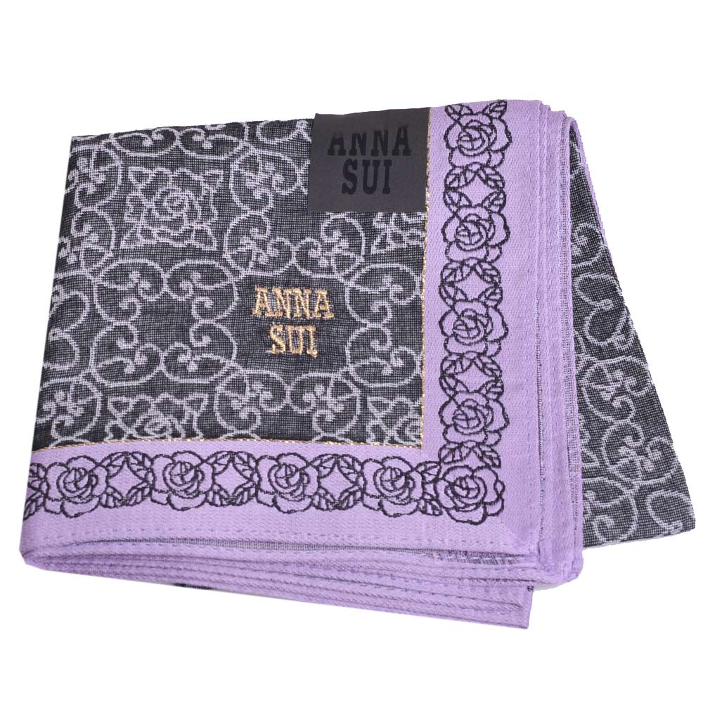 ANNA SUI 優雅幾何窗花圖騰字母LOGO刺繡帕領巾(紫色邊)