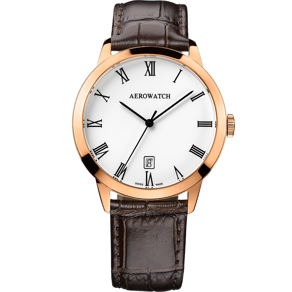 AEROWATCH 羅馬雅仕經典時尚腕錶-玫瑰金框x咖啡/40mm