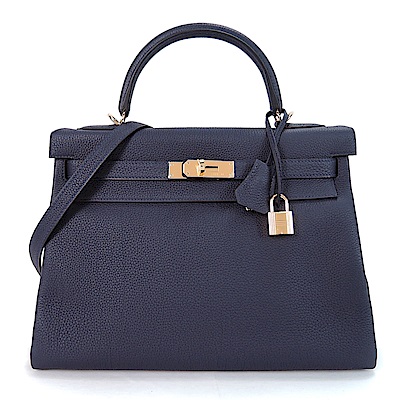 HERMES Kelly TG牛皮皮革手提/肩背凱莉包(32CM/2Z午夜藍/金釦)