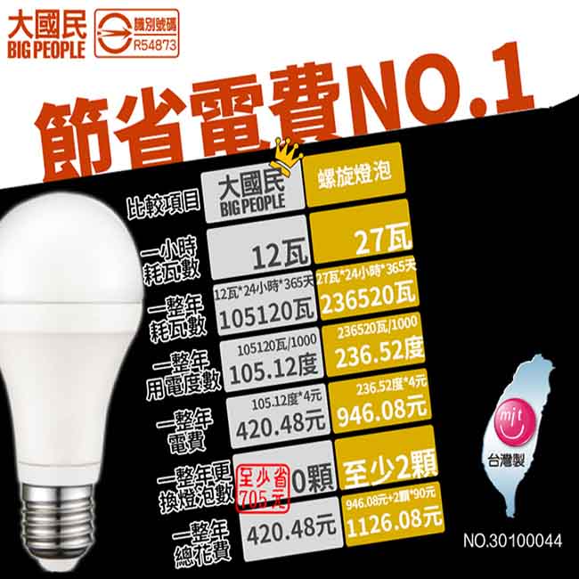 日毓光電 新大國民系列 12W 冷白/暖黃光 LED節能燈泡 6入