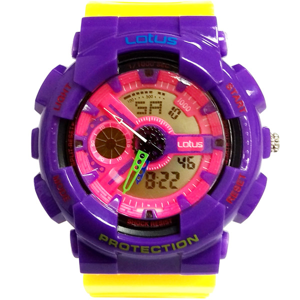 Lotus 街頭潮男 計時鬧鈴雙顯運動錶(LS-1026-07)-黃紫/52mm