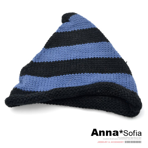 AnnaSofia 條紋尖頂 毛線針織帽(藍黑系)