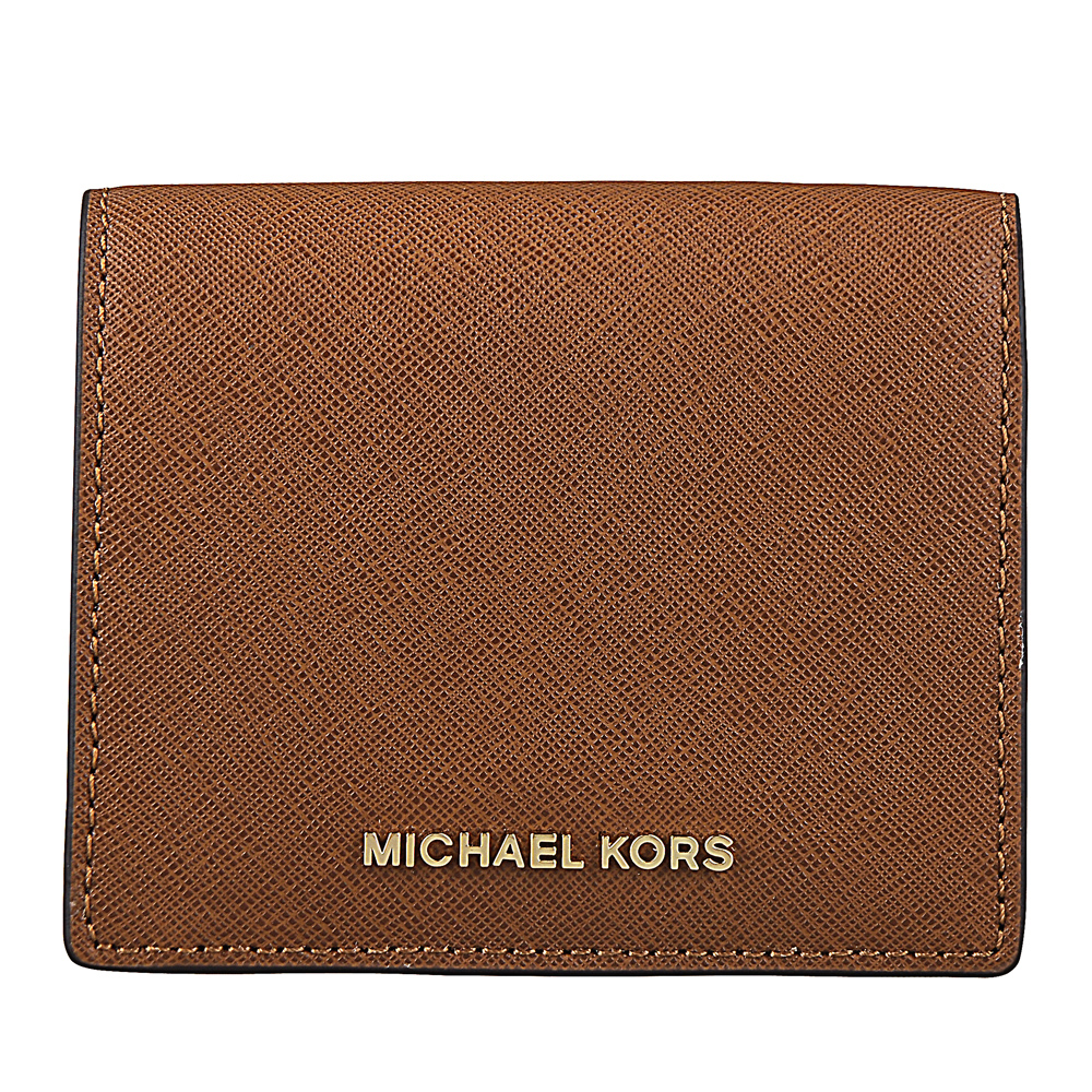 MICHAEL KORS JET SET TRAVEL金字LOGO防刮皮革釦式短夾(棕)