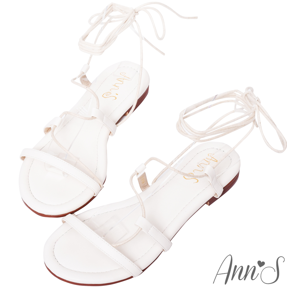 Ann’S腳部馬甲線-繫繩繞帶平底羅馬涼鞋-白