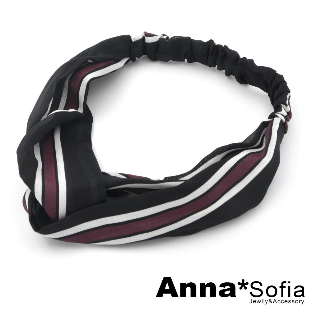 AnnaSofia 磚帶條紋交叉結 彈性寬髮帶(黑底系)