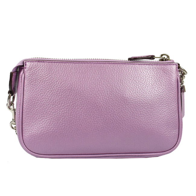 COACH 金屬logo金屬光澤荔枝牛皮鍊帶小提包(粉紫)