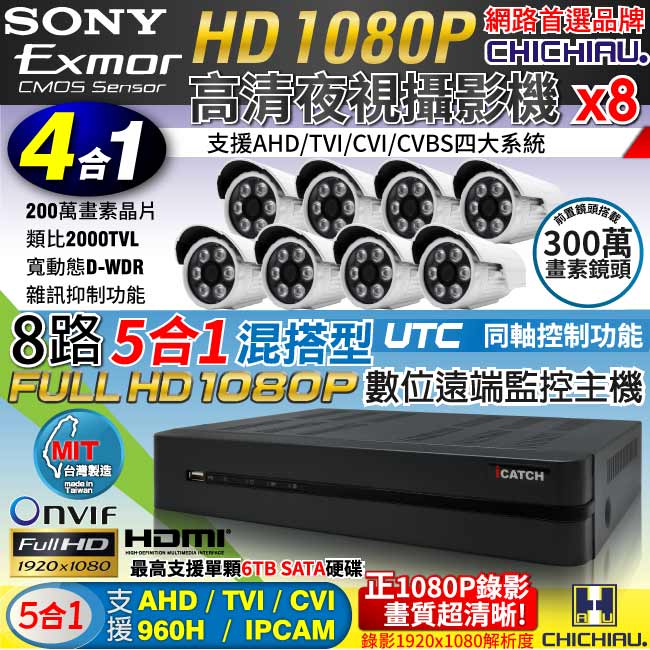 奇巧 AHD正1080P 8路iCATCH監控組-含SONY 200萬監視器攝影機