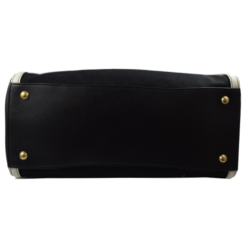 PRADA 經典浮雕LOGO撞色雙材質多夾層仕女包.黑/白