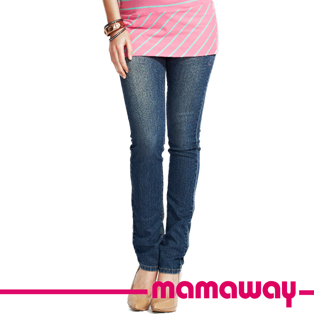 Mamaway孕期窄管復古牛仔褲(中藍)