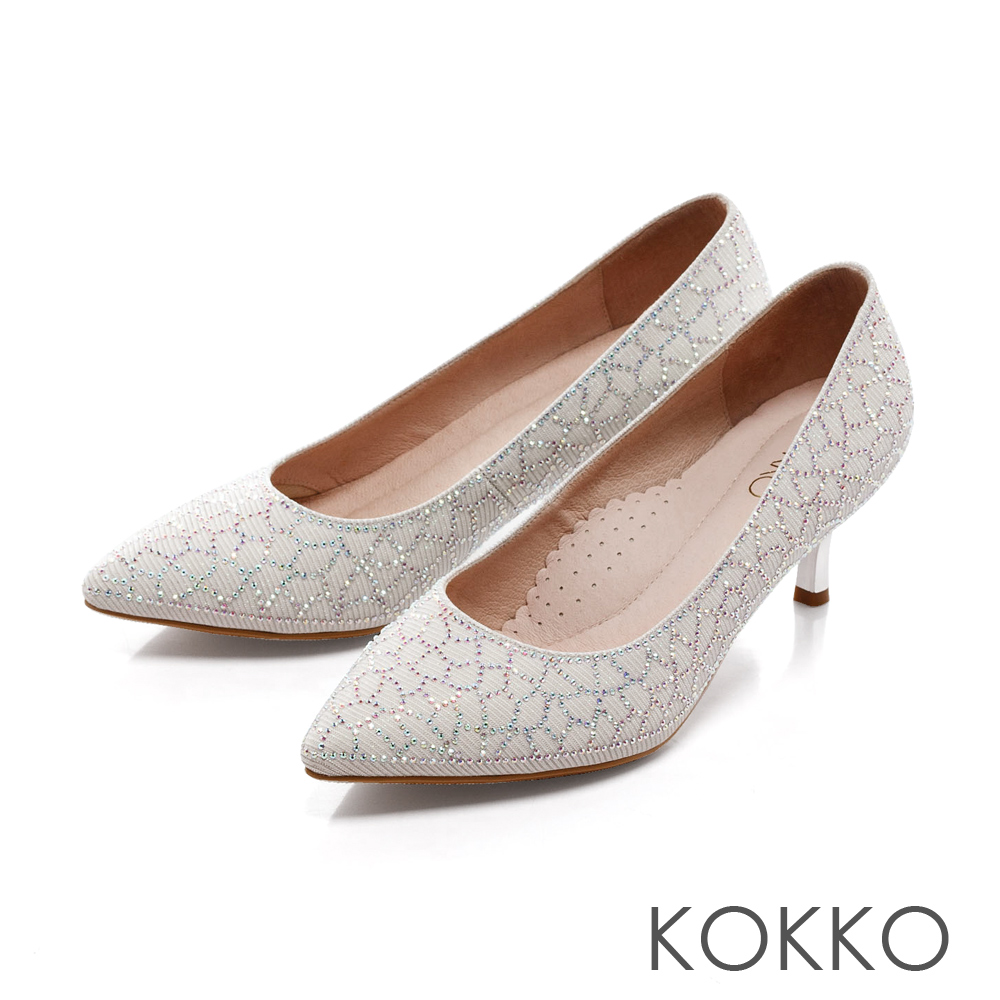 KOKKO-公主典範尖頭花紋鑽飾訂製高跟鞋-幸福白