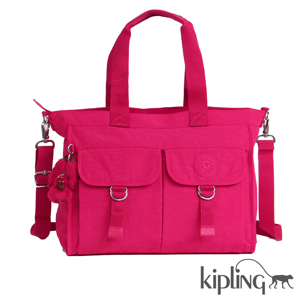 Kipling 斜背包 桃紅素面-中