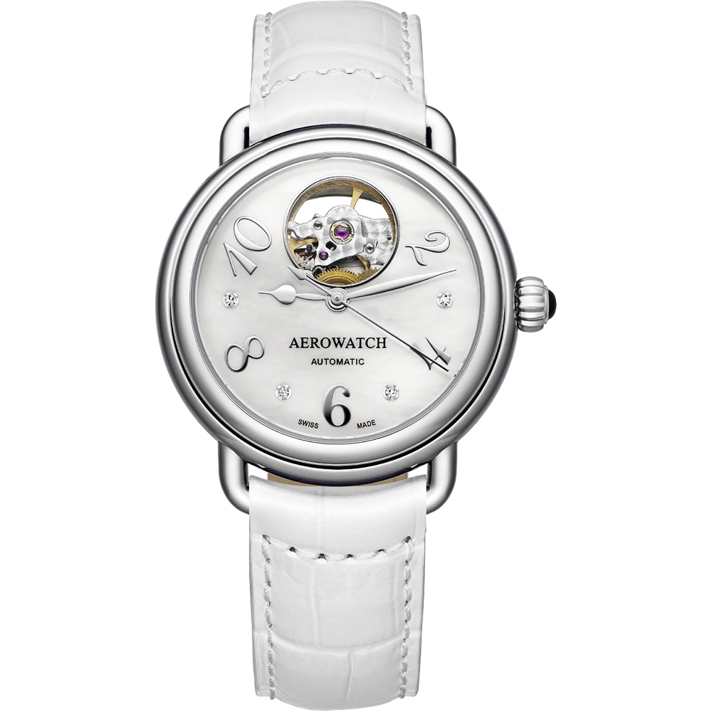 AEROWATCH 藝術小鏤空珍珠貝機械腕錶-珍珠貝x白/35mm