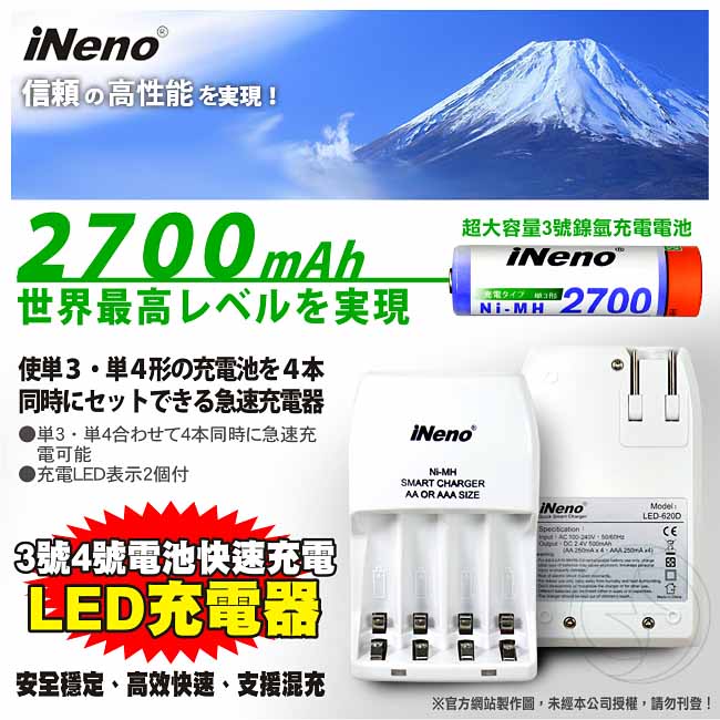 iNeno LED四插槽充電器附3號鎳氫充電電池4入