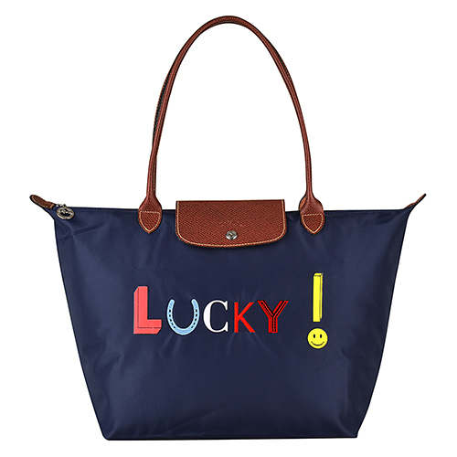 LONGCHAMP Le Pliage系列LUCKY刺繡印花尼龍長提把肩背包(大/海軍藍)